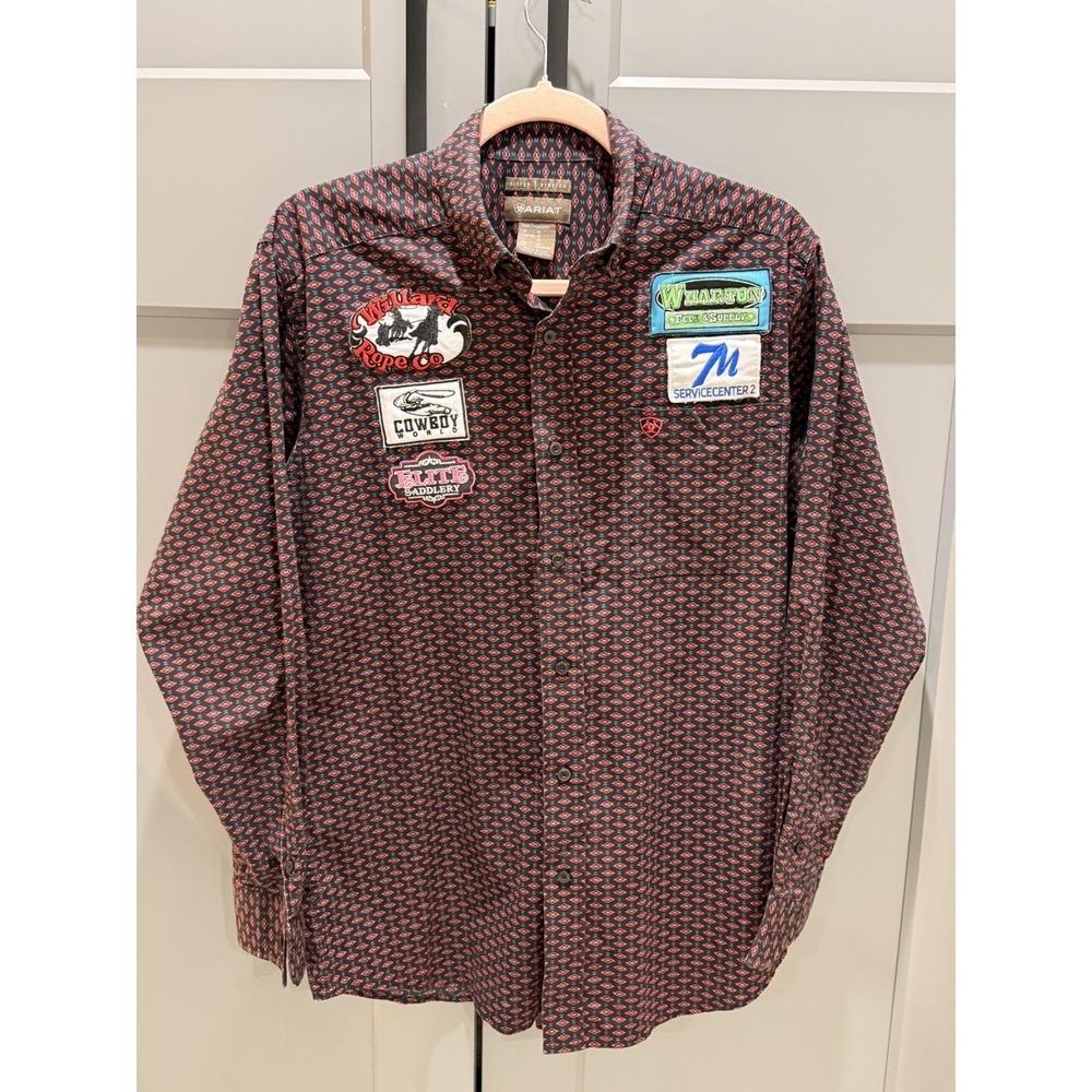 Ariat Black/ Red Santa Fe Patches Rodeo Cowboy Western Button Down Mens Medium
